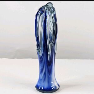 Vnt Art Glass Hand Blown Closed Fingers Swirl Blue Vase Decorative Collectible